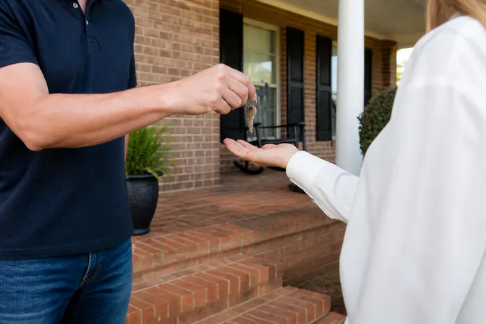 Homeowner handing over house keys on the porch